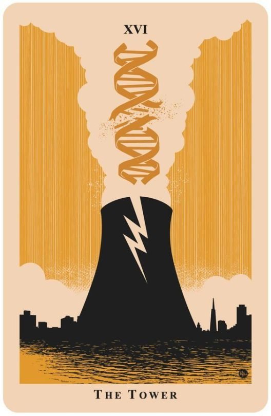 uma torre de usina nuclear com um raio estilizado em negativo. Da fumaça da torre, vemos uma fita de DNA se quebrando. Ao fundo, uma cidade