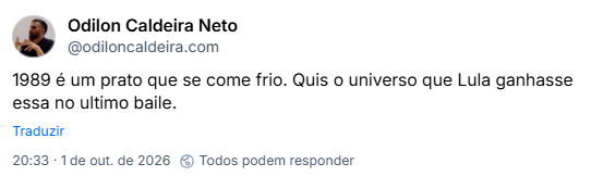 Post de Odilon Caldeira Neto (@odiloncaldeira.com):
1989 é um prato que se come frio. Quis o universo que Lula ganhasse essa no ultimo baile.
