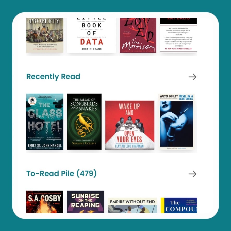 A mobile screen from the StoryGraph app showing two horizontal book carousels. The first section is titled “Recently Read” and displays four book covers. Below this is a second section labeled “To-Read Pile (479)” showing partial book covers in a carousel.