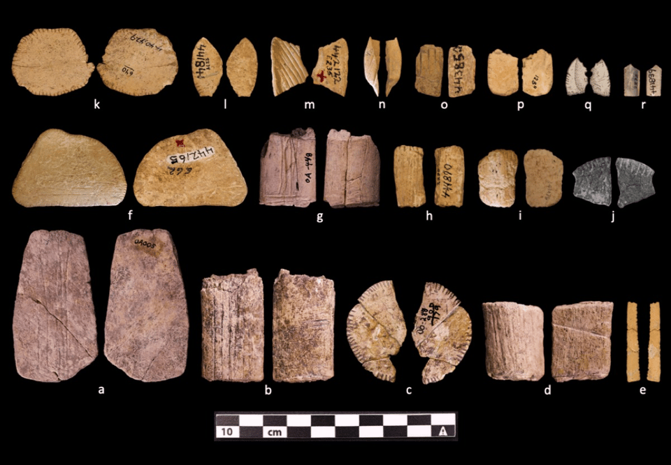 A group of 17 early Native American dice. They are flat pieces of wood, some roughly round, others rectangular, a few pie-wedge shaped.