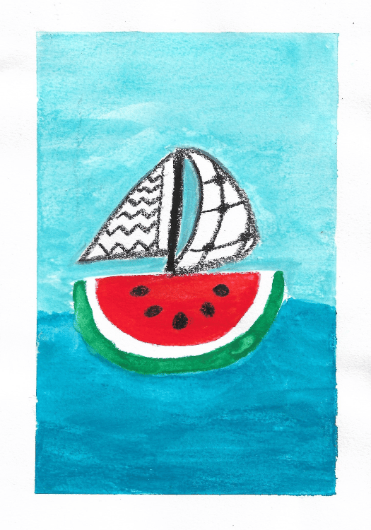 A painting of a boat. The hull looks like a watermelon, the sails have the same pattern as a Palestinian keffiyeh.