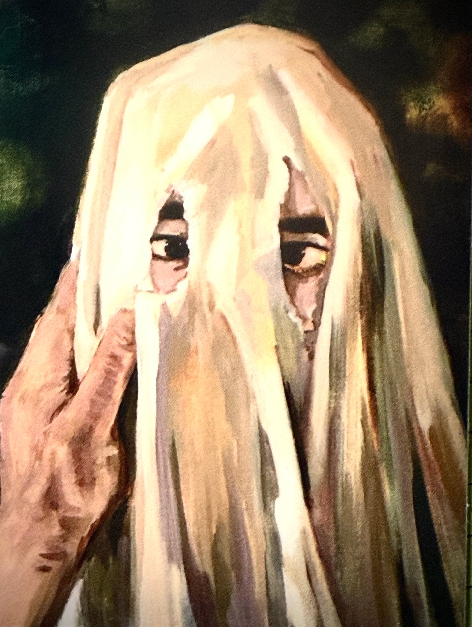 a painting of a man in ghost sheet being touched