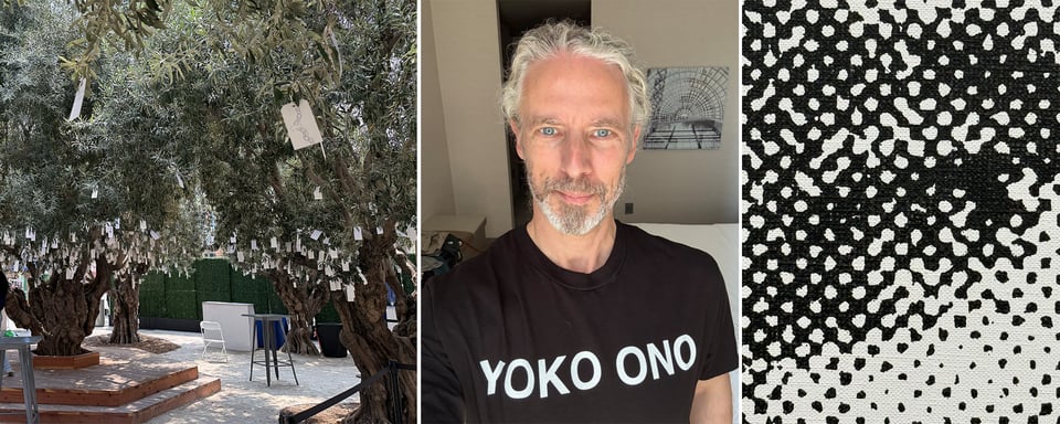 3 images: left, several olive trees with cards tied to the branches, each card has handwritten text; center, a selfie of a white man in good light with black T-shirt that reads, "YOKO ONO"; right, a close-up detail of the Andy Warhol artwork "Most Wanted Men No. 6, Thomas Francis C.", showing a series of half-tone dots forming a man's eye