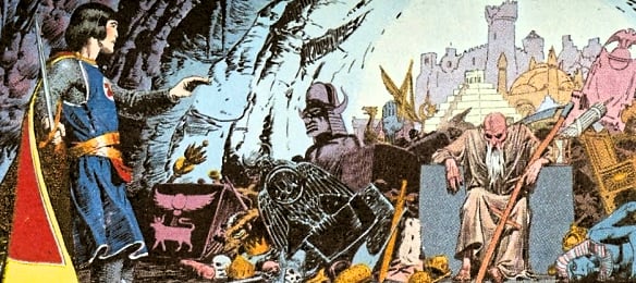 Prince Valiant, sword drawn, confronts an old man seated on a stone throne and surrounded by a pile of treasure from various cultures.