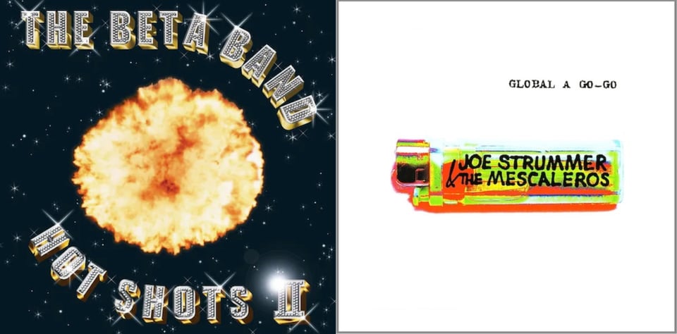 First pic: On a starry field of black, there's a yellow and orange explosion in the middle. The explosion has a kind of cheesy, 80s look to it. The band name and title are on the image, rendered in a sparkly, diamond-esque "bedazzled" font that is also cheesy and a bit campy. Second pic: A photo of a (what I think is) a cigarette lighter, on a white background. The image has been digitall edited to color the cigarette lighter in bright, almost neon, green and red. "Joe Strummer & the Mescaleros" is scrawled in black on the lighter.