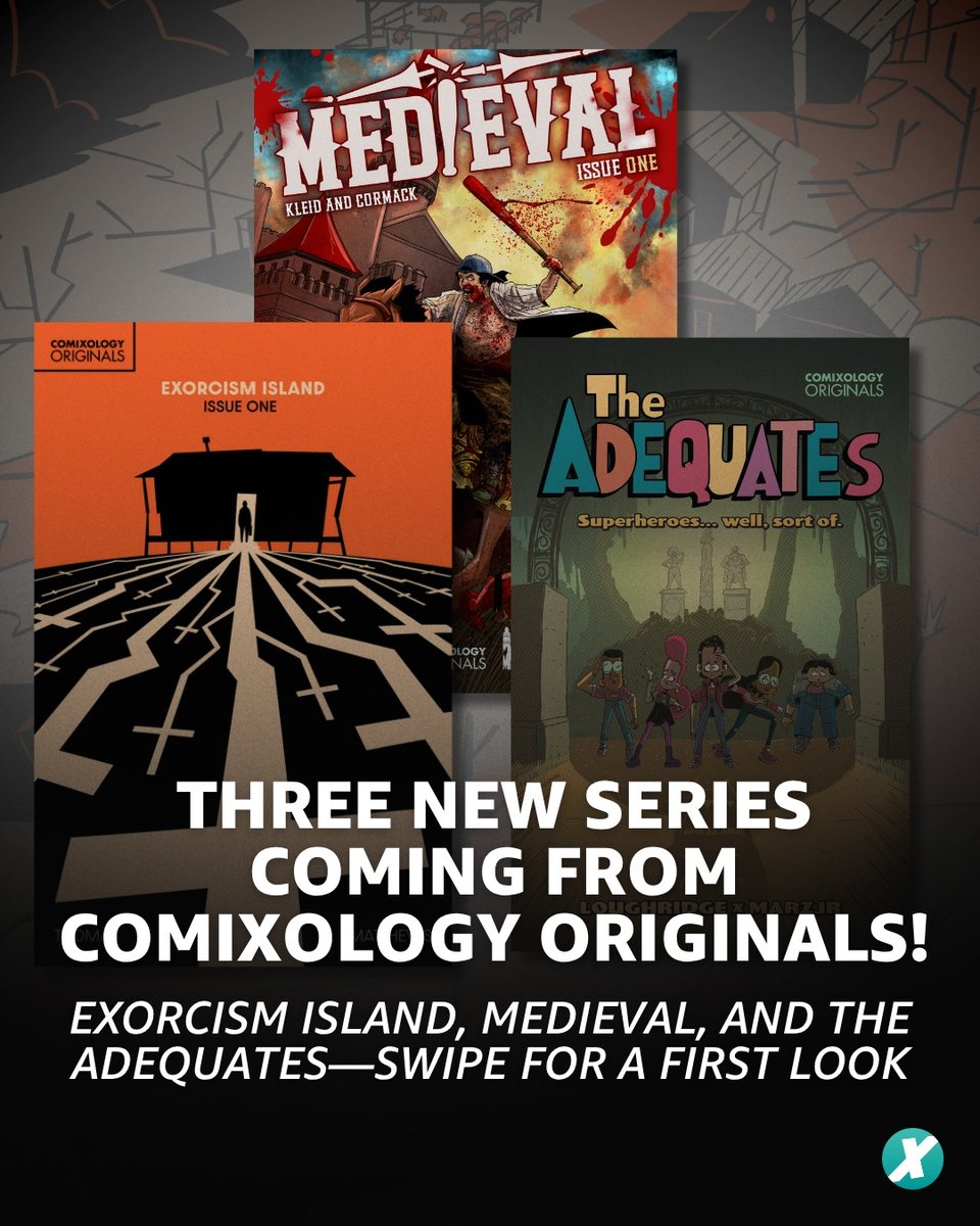 a promotion from comixology originals advertising three new series coming from comixology originals: exorcism island, medieval and the adequates