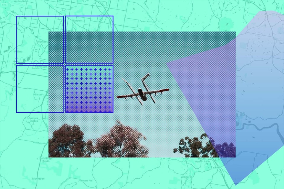 A graphic from AI in the street, with a teal green background that looks like a map, overlayed with a grainy photo of a drone. Additional blue squares on either side