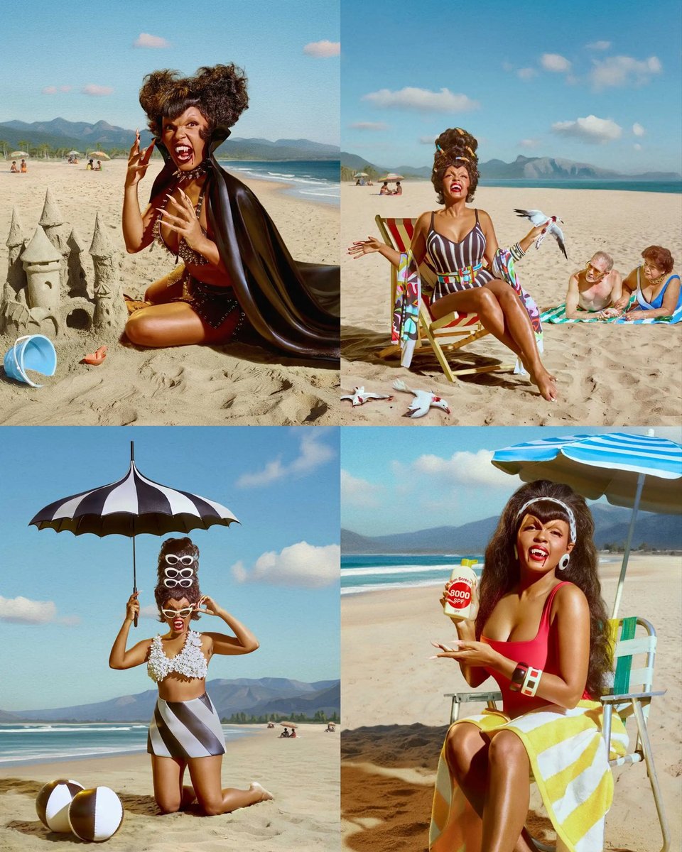 A grid of Janelle Monae in colorful retro clothes and styles on a beach. She has fangs and spooky makeup, with various retro hairstyles like a beehive and puffs. She builds a sandcastle as a vampire, holds an umbrella with multiple pairs of sunglasses stacked in her hair, holds up a "Blood SPF" bottle and grips a bird.
