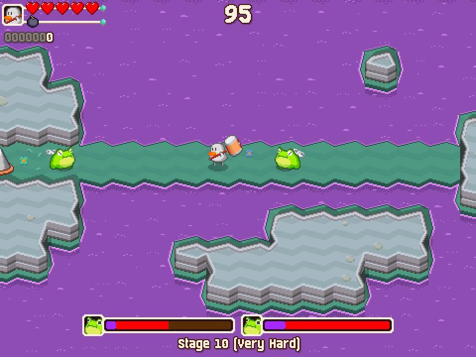 A swamp screenshot with a teal floor, grey rocks and purple water