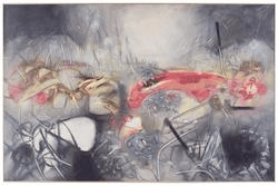 The art in question is mostly grey, with some streaks of red and yellow in the middle. The forms and shapes are vague, spiky, kinda threatening.