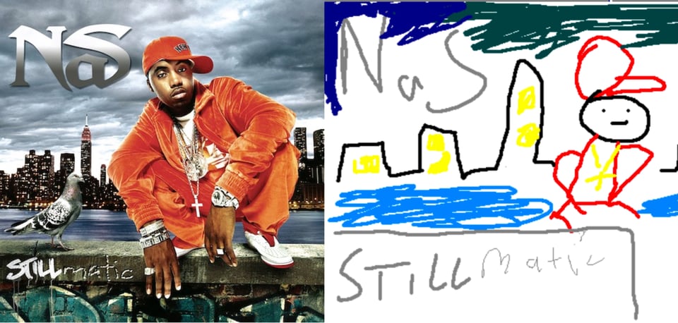 A color photo of Nas, a Black man, dressed in fancy orange athletic wear, with white sneakers and an orange baseball cap to one side. He has many, many chains around his neck and several watches and bracelets. He is crouched on the top of a wall with New York visible behind him. On the wall below him is partiall-visible graffiti. A pigeon regards him on the wall from the left.