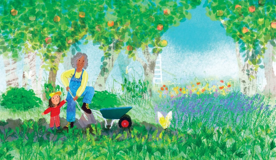 A spread from I Am Strong Just Being Me by Laura Dockrill and Kip Alizadeh, showing Bean and Nanna in the expansive garden
