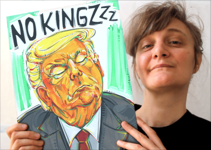 photo of a white person holding up a painting of a sleeping president with the text "no kingzzz" at the top
