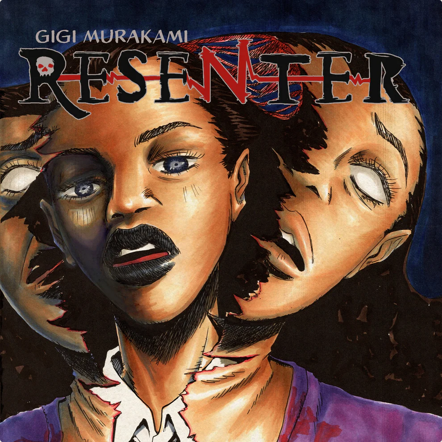 Cover for the comic Resenter by Gigi Murakami. As if emerging from a chrysalis, a Black woman seems to be torn into two down the middle of her body while another version of herself appears underneath.