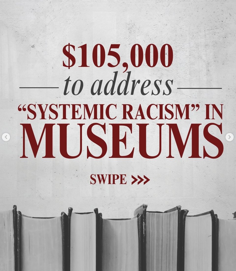 Gray image with red text from the IMLS Instagram account. It reads "$105,000 to address 'systemic racism' in museums"