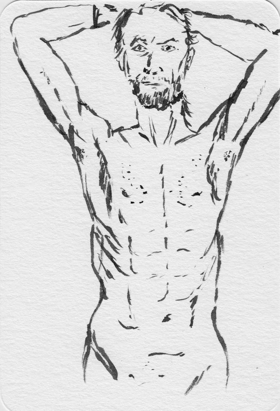 postcard brush-sketch of a man flexing and showing off his abs