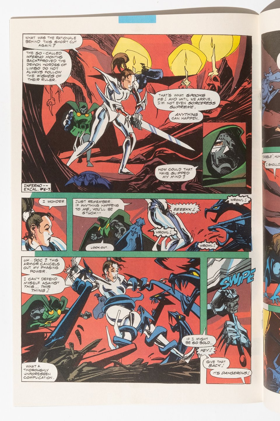 A page from Excalibur by Mark Badger. Shadowcat is wielding the SoulSword through limbo with Dr. Doom behind her. He tricks her and in the last panel takes the sword from her