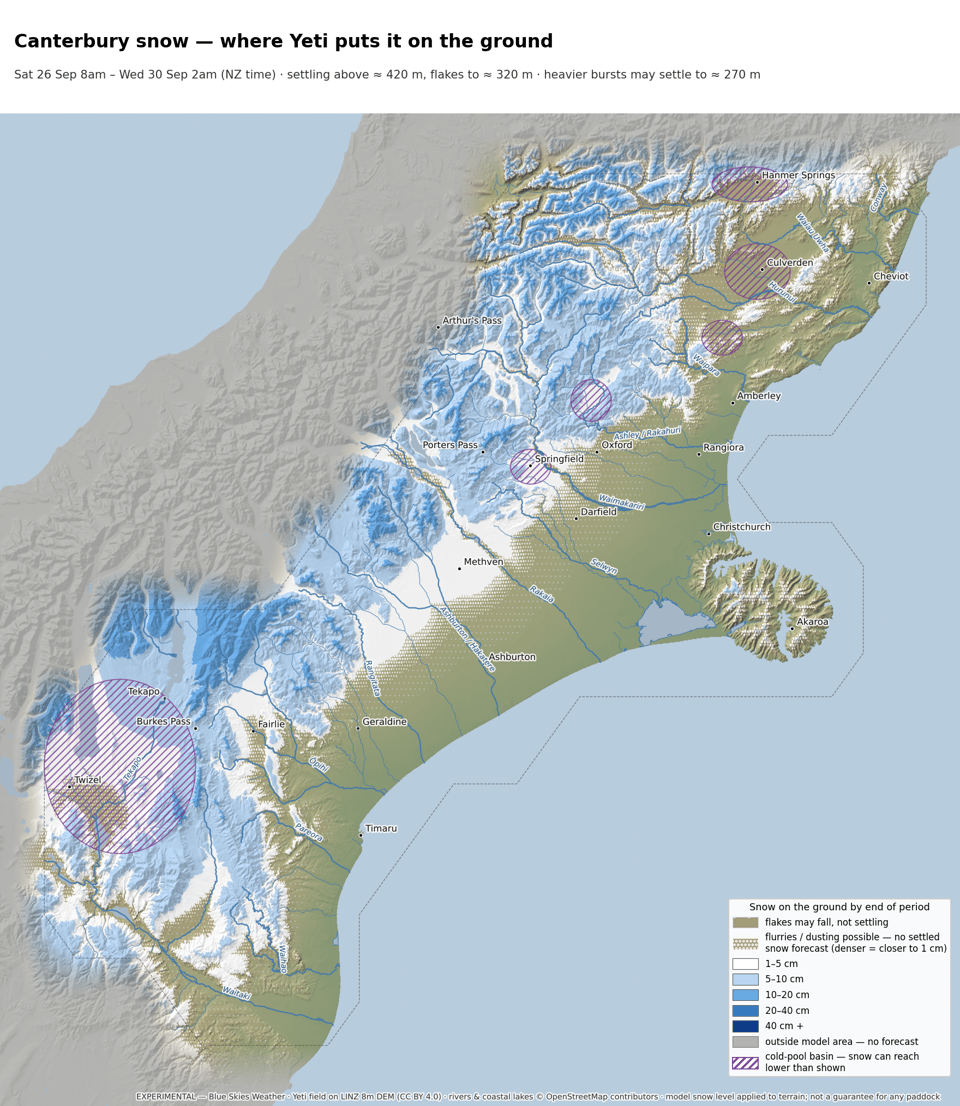Canterbury Snow Forecast — Sun morning–afternoon