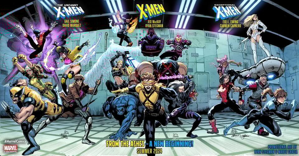 Promo image for X-Men: From the Ashes by Ryan Stegman and Marie Gracia, featuring three brand-new X-teams