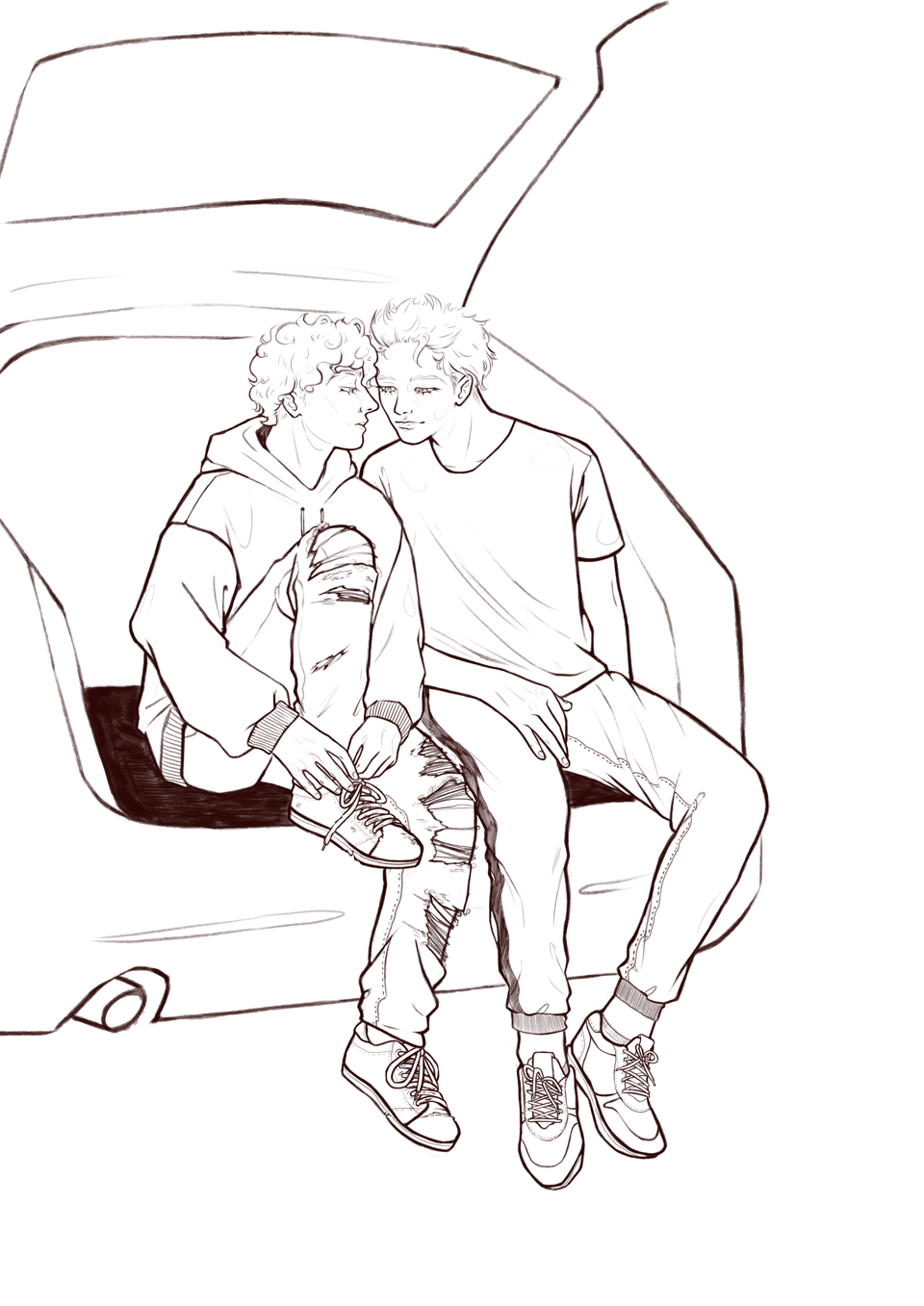 A digital, monochrome sketch. Hanan and Pax sit in the boot of a car. Hanan has his leg drawn up to tie his shoelace. Their faces are turned to each other, eyes on each other's lips, as though they are about to kiss.