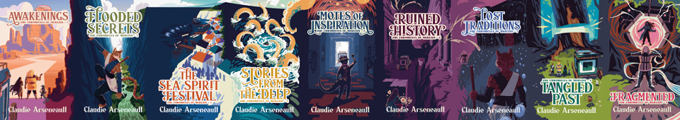 A spread of eight cover images that form one continuous canvas. The scenery goes from a red-sand desert (Awakenings) to a lush river valley (Flooded Secret), to a sea-side city (The Sea Spirit Festival), to a whirlpool in the water surrounded by a golden kraken (Stories from the Deep), to a beautifully carved stone corridor with etchings on the wall (Motes of Inspiration), to ruins of stone bathed in deep pink moonlight (Ruined History), to a grey marsh with an abandoned monastery covered in blue flowers (Lost Traditions), to a a lush forest with a massive tree cleanly sliced in two (Tangled Past), and finally to an interior place with a bright pink hexagonal shape wrapped in root with a dark-skinned person in it (Fragmented)