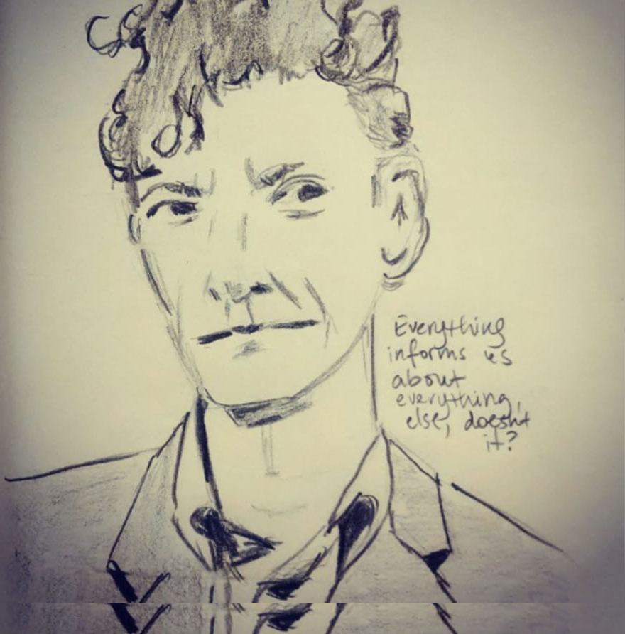 pencilled image of Lyle Lovett with the quote Everything informs us about everything else, doesn't it?