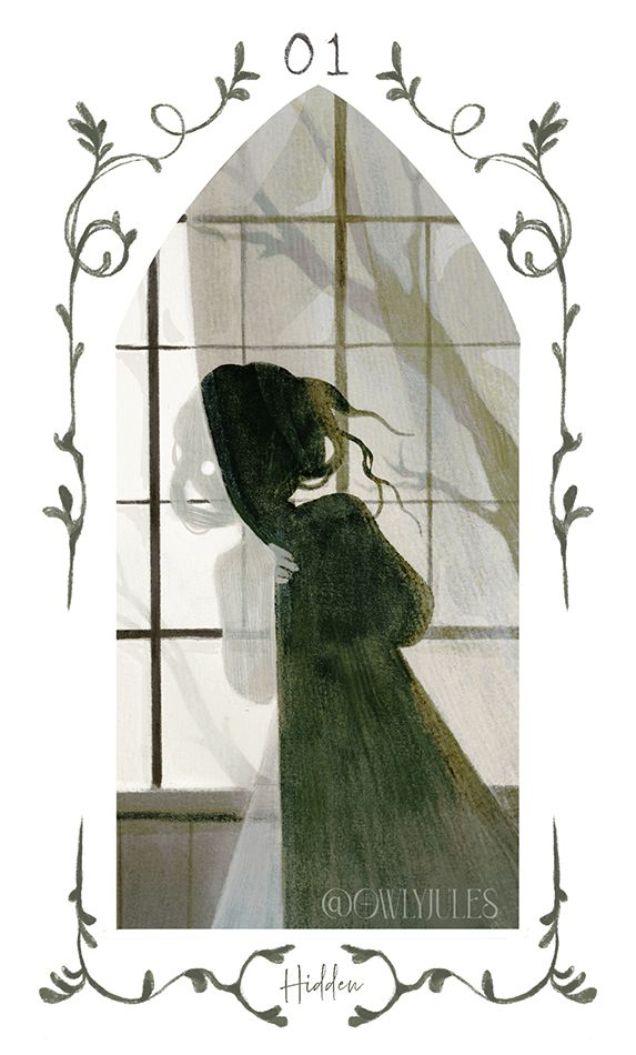 A vague ghostlike figure peers out from behind a shadowy curtain