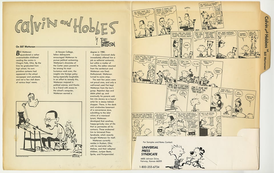 A spread from the Calvin & Hobbes 1985 pamphlet. At lower-left, a self-portrait of Bill Watterson, showing him slumped and grumpy at a drawing board with cats all around him. At right, several daily strip example and a flap with Universal Press Syndicate contact information.