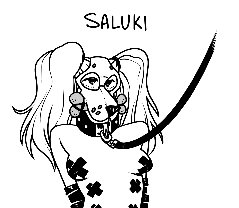 The upper torso of a thin, pale woman with long blonde hair done up in pigtails that poke out of a pale leather pup hood. In her mouth is a bone-shaped gag, and a collar around her neck leads to a leash going off the page. Before the page cuts off, we see her arms bound in armbinders and pasties covering both her actual nipples and two more sets on her upper torso trailing below them.