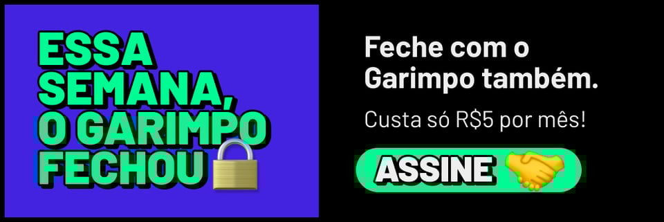 Imagem promocional dividida em duas partes. À esquerda, fundo azul com texto em letras grandes verdes: "ESSA SEMANA, O GARIMPO FECHOU", acompanhado de um cadeado fechado. À direita, fundo preto com os dizeres: "Feche com o Garimpo também. Custa só R$5 por mês!" Embaixo, um botão verde com a palavra "ASSINE" em branco e um emoji de aperto de mãos.