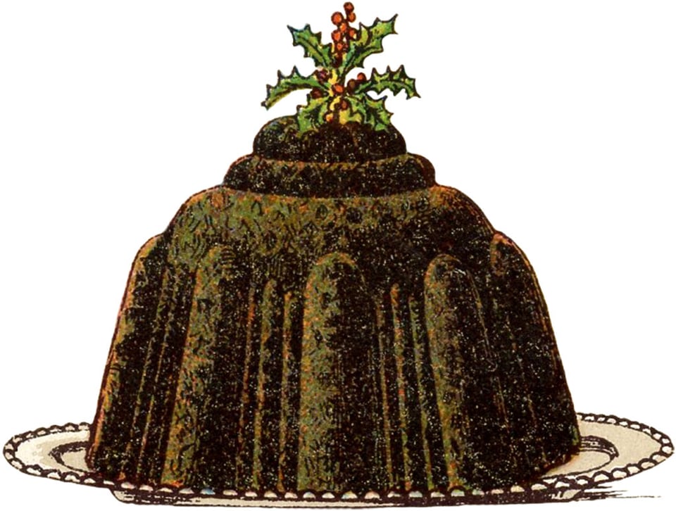 vintage illustration of a figgy pudding, ca. 1950s