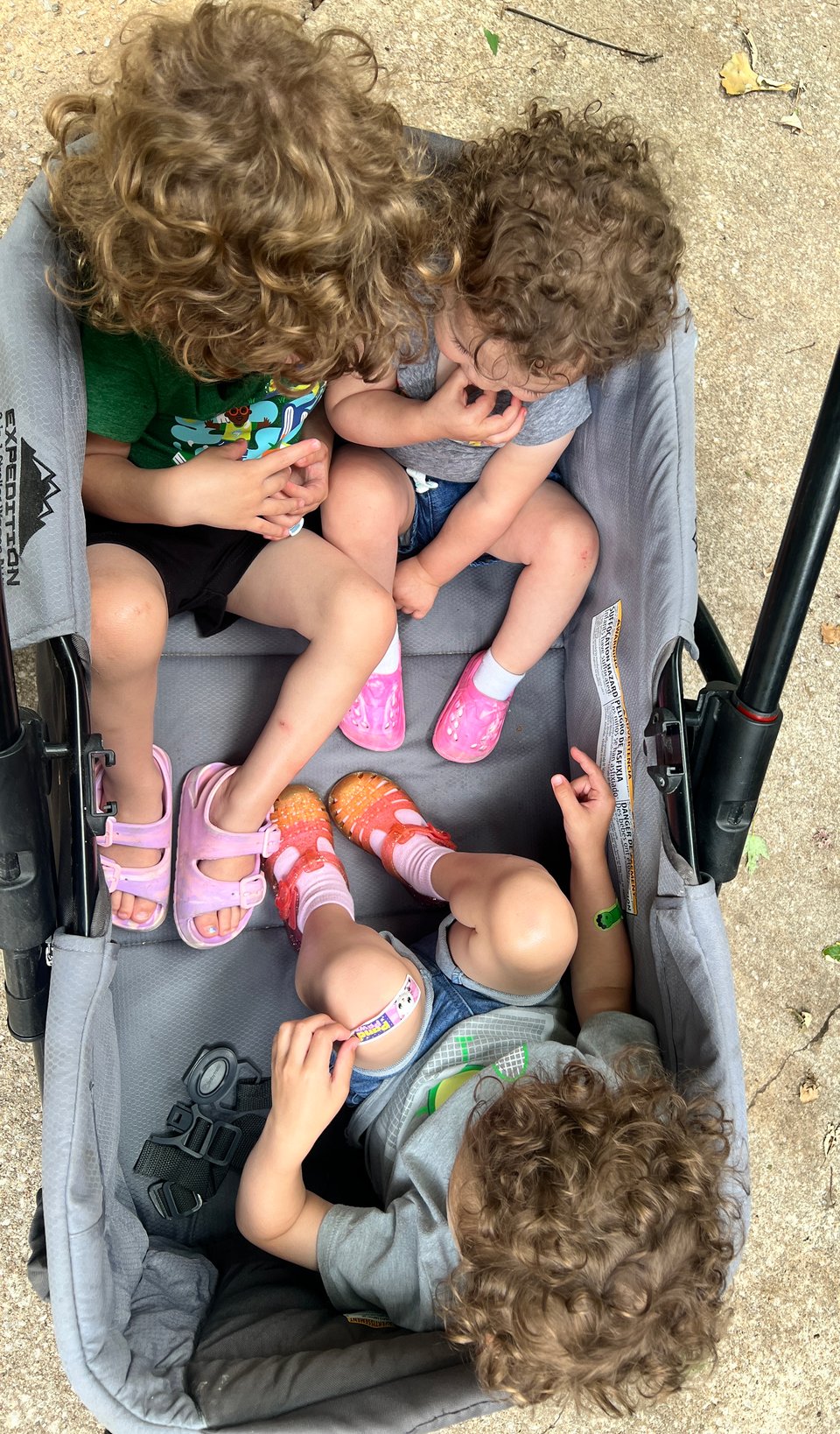 A view from above of three curly-headed toddlers in a wagon