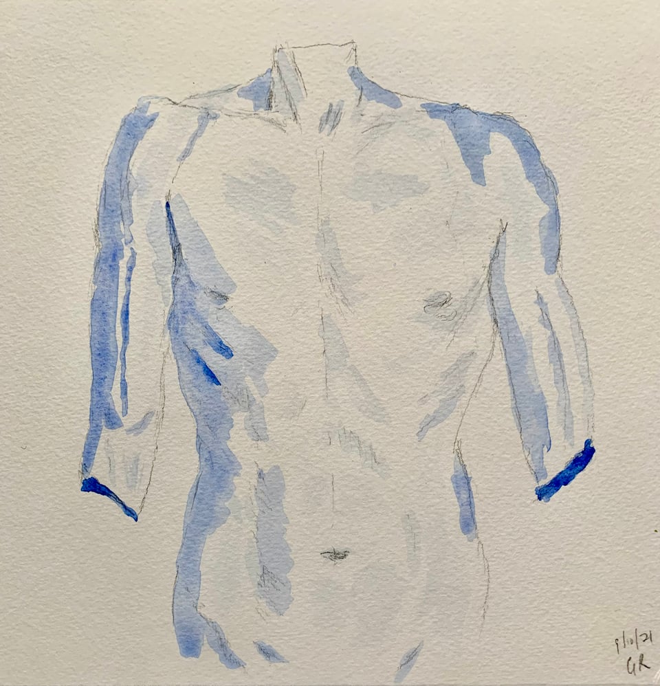 Blue watercolor and ink drawing of a male torso, with arms cut off at the elbows