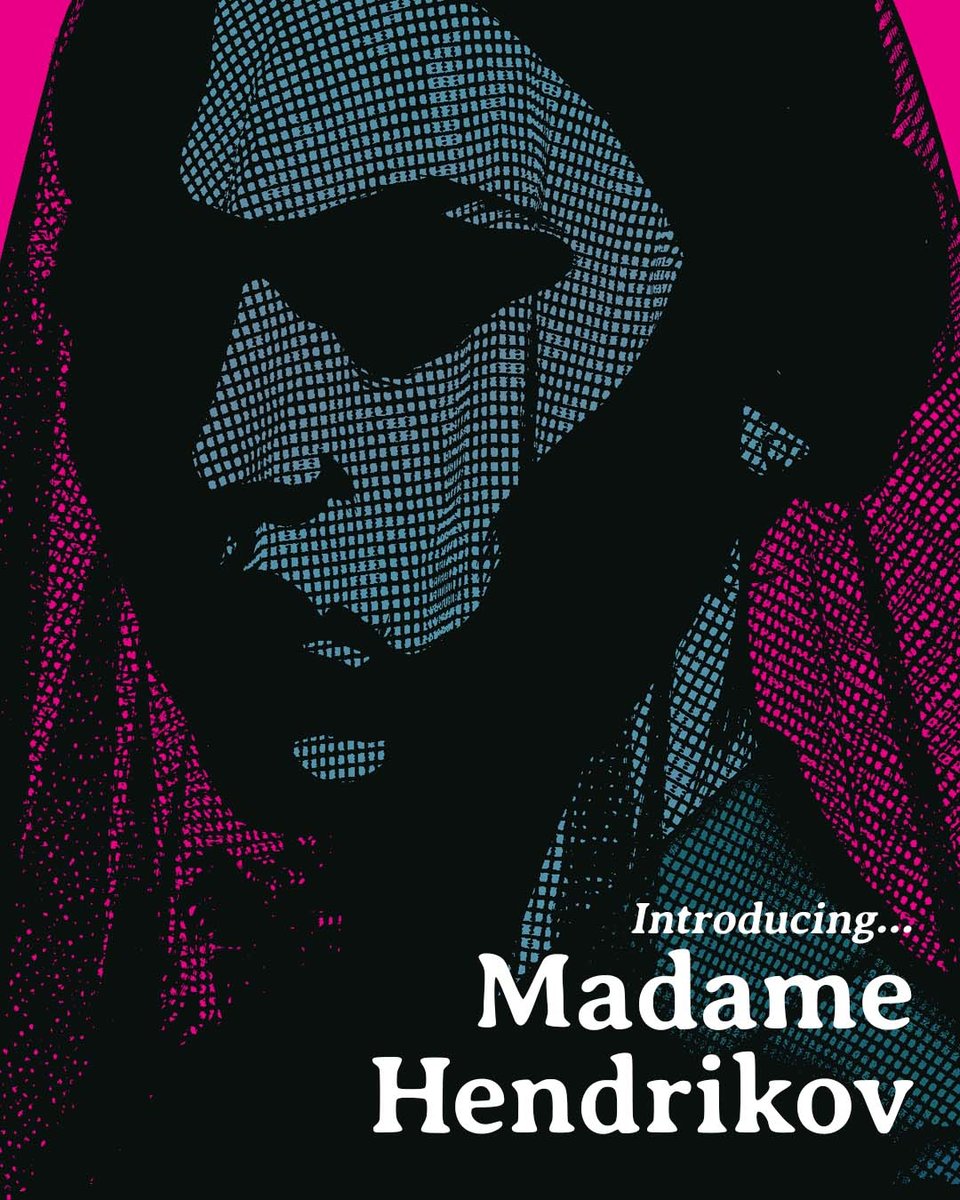 An image of ONE FOR SORROW character Madame Hendrikov on a magenta background. She is a white woman with dark hair, wearing Victorian mourning dress. A heavy black veil covers her face, which is in deep shadow.