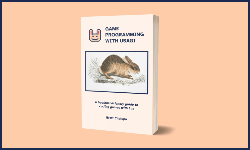 Book cover with pixel art bunny smiling that says "Game Programming with Usagi" above an illustration of a rabbit. The subtitle reads "A beginner-friendly guide to coding games with Lua"