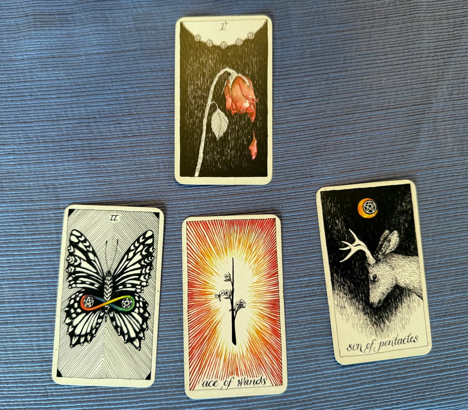 Photo of 4-card tarot draw on a blue tablecloth