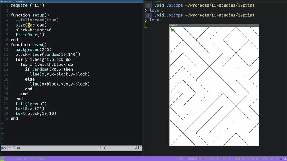 code on the left and 10print maze on the right