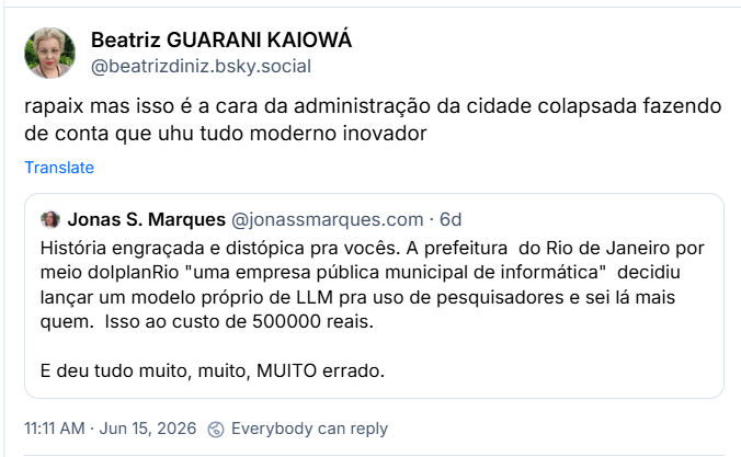 Post de Beatriz GUARANI KAIOWÁ (@beatrizdiniz.bsky.social):
“rapaix mas isso é a cara da administração da cidade colapsada fazendo de conta que uhu tudo moderno inovador:
Em citação ao post do Jonas