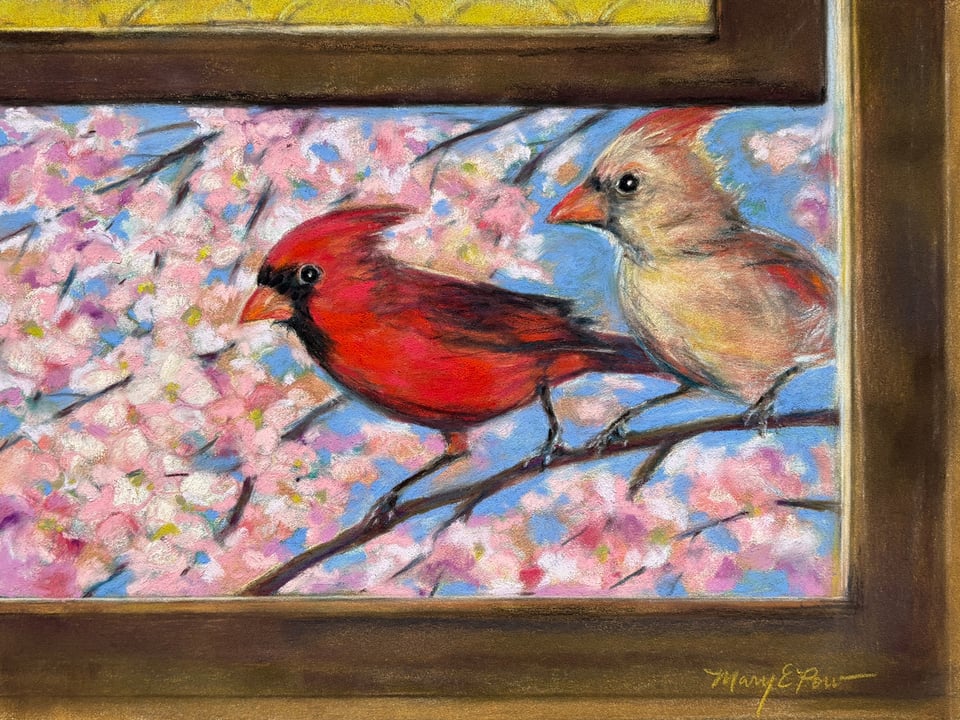 a soft pastel painting of a cherry tree in bloom, as seen through a window, two cardinals look inside