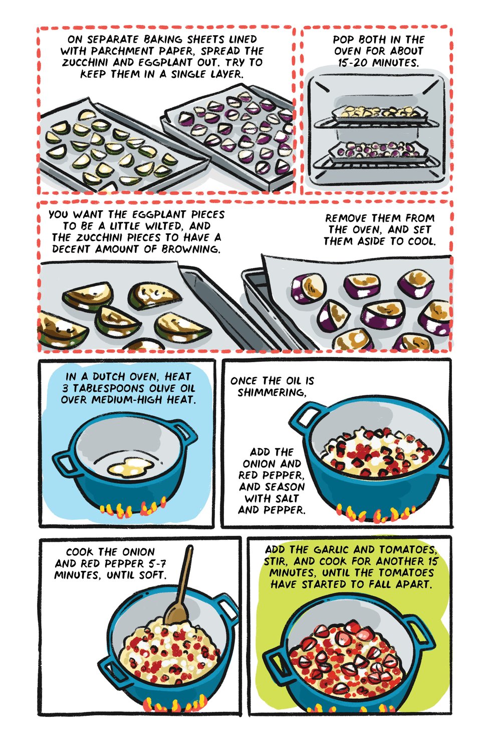 Spread them in a single layer on baking sheets lined with parchment paper,    Roast for 15 minutes, remove from the oven, and let them cool while you prep the rest of the dish.   In a dutch oven, heat 3 tablespoons olive oil over medium heat  Once the oil is shimmering, add the onion and red pepper, and Season with salt and pepper.   Stirring, sautee the onion and red pepper 5-7 minutes, until soft.   Add the garlic and tomatoes, and stirring, cook for another 15 min until soft.