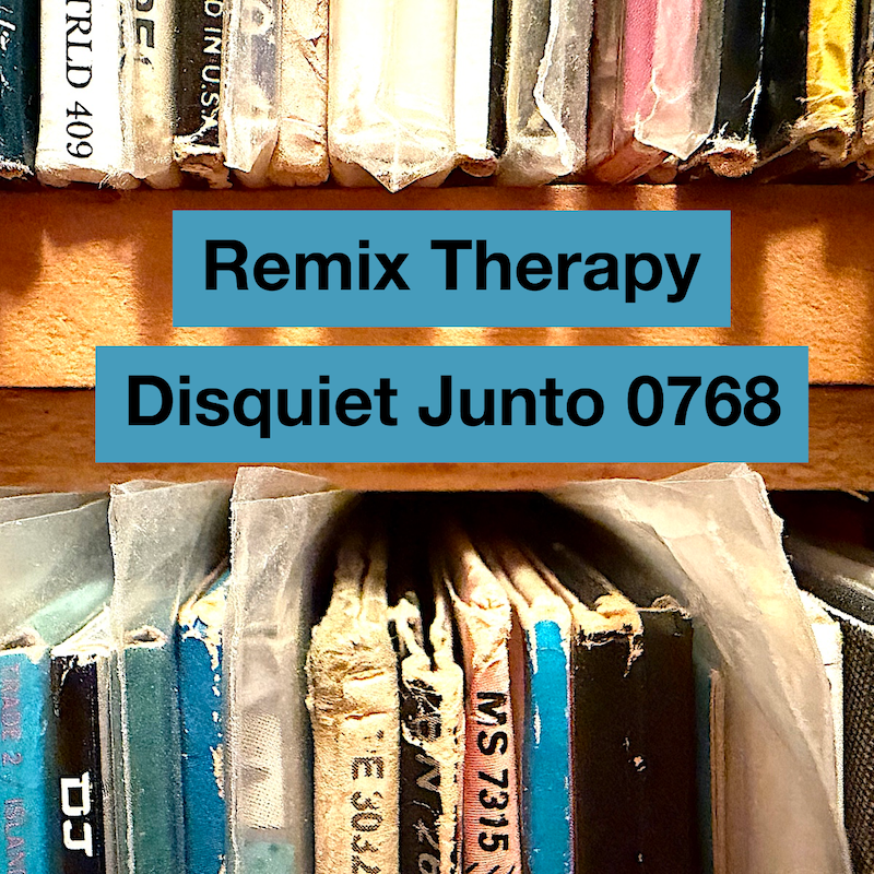 Spines of vinyl record albums on a shelf plus the name and number of the project