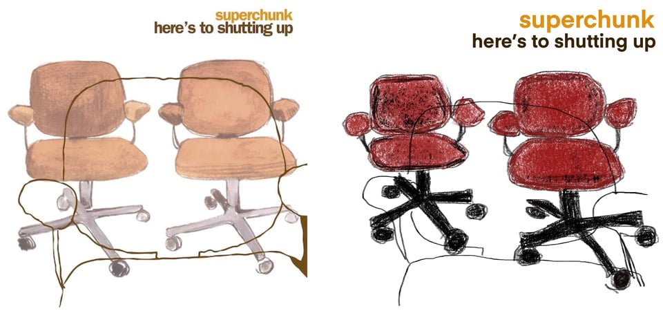 A color drawing of two office chairs, done in colored pencil I think? The cushions and arm rests are brown, and sit on silver crossbar with black wheels. They are functionally identical. Overlaid on top of that, in brown ink, is the outline of the same kind of chair.