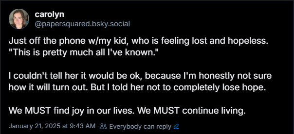 Screenshot of Bluesky post saying: Just off the phone w/my kid, who is feeling lost and hopeless.