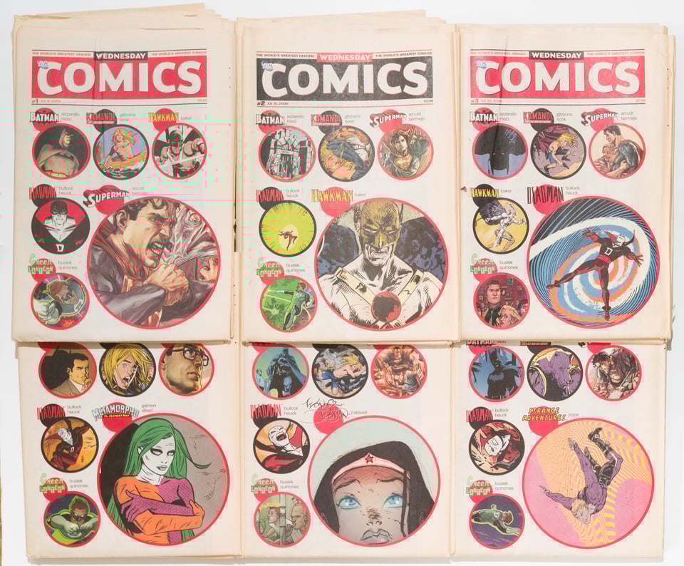 six issues of Wednesday Comics arranged in a 2x3 grid