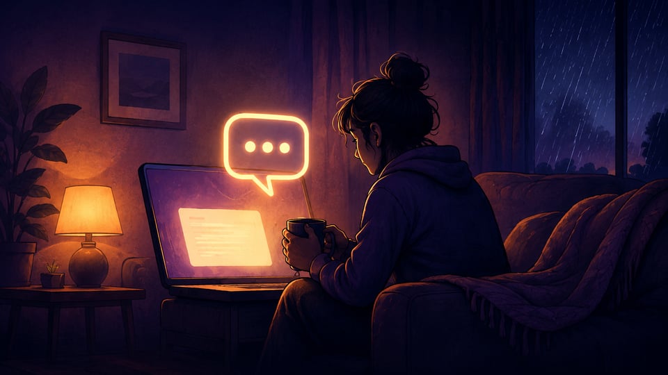 A cosy soft room in the dim evening, a woman clutches a warm mug in the diffuse glow of a laptop screen displaying the warmly coloured chat window between her and her AI assistant