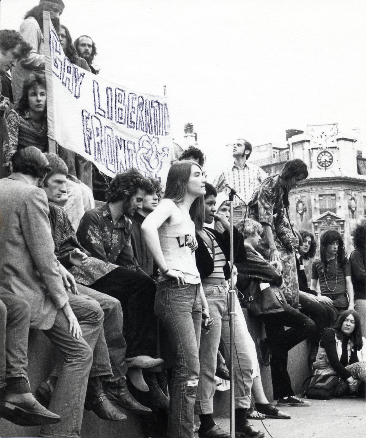 A demonstration behind a Gay Liberation Front banner, 1971 — the GLF formed in the immediate wake of Stonewall.