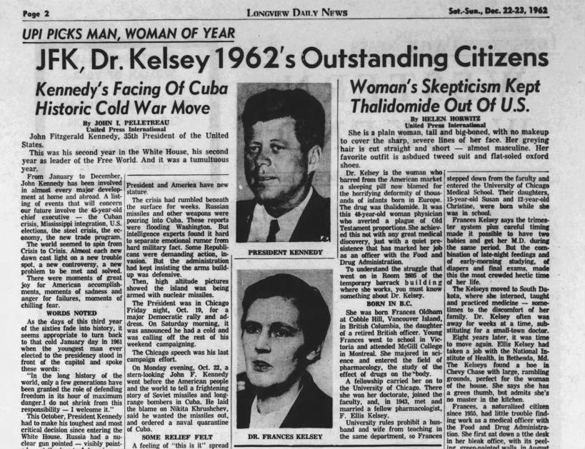 Clipping of the Longview Daily News for Sat, Dec 22, 1962. Headline reads "JFK, Dr. Kelsey 1962's Outstanding Citizens." Sub heading reads "Woman's Skepticism Kept Thalidomide Out of US."