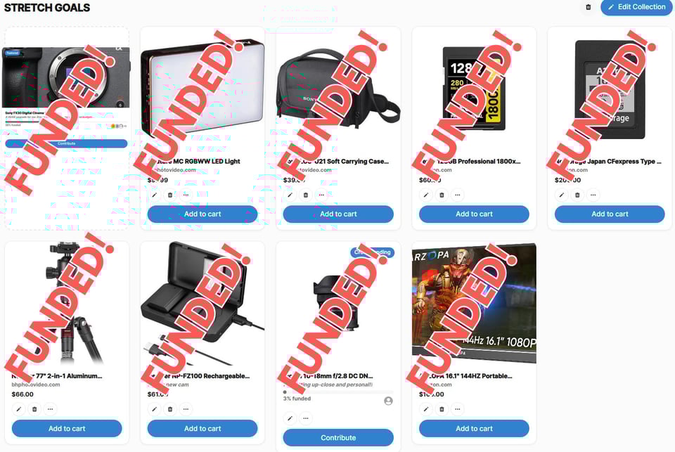 Screenshot of Throne wishlist showing all the new photo gear upgrades funded.