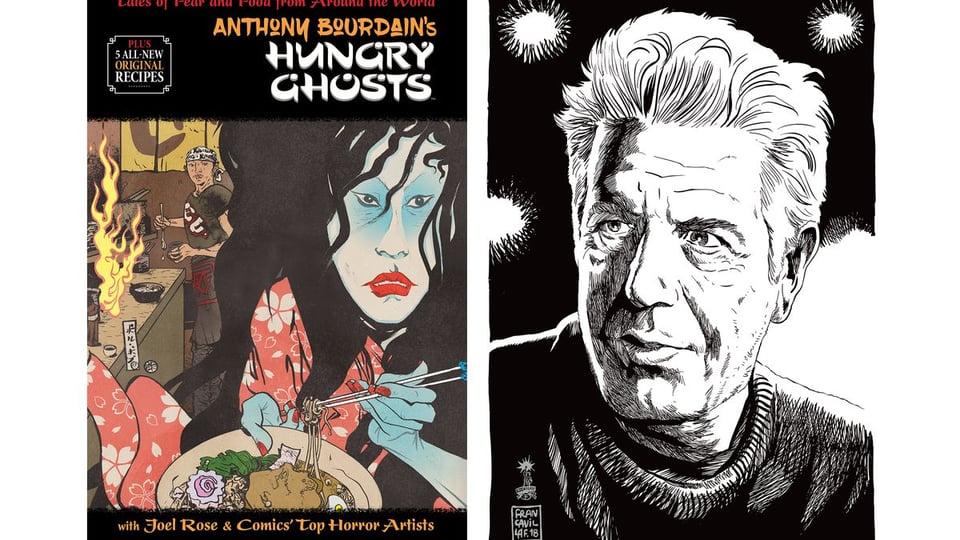 a shot of the cover of Bourdain's HUNGRY GHOSTS, a collection of food comics from Dark Horse Comics, and a portrait of Bourdain himself