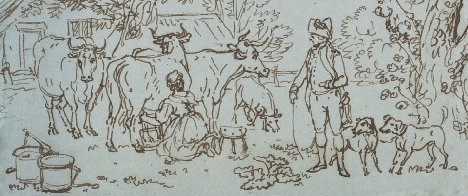 A drawing of a bucolic country milkmaid going about her business observed by a dapper gentleman and his hounds.